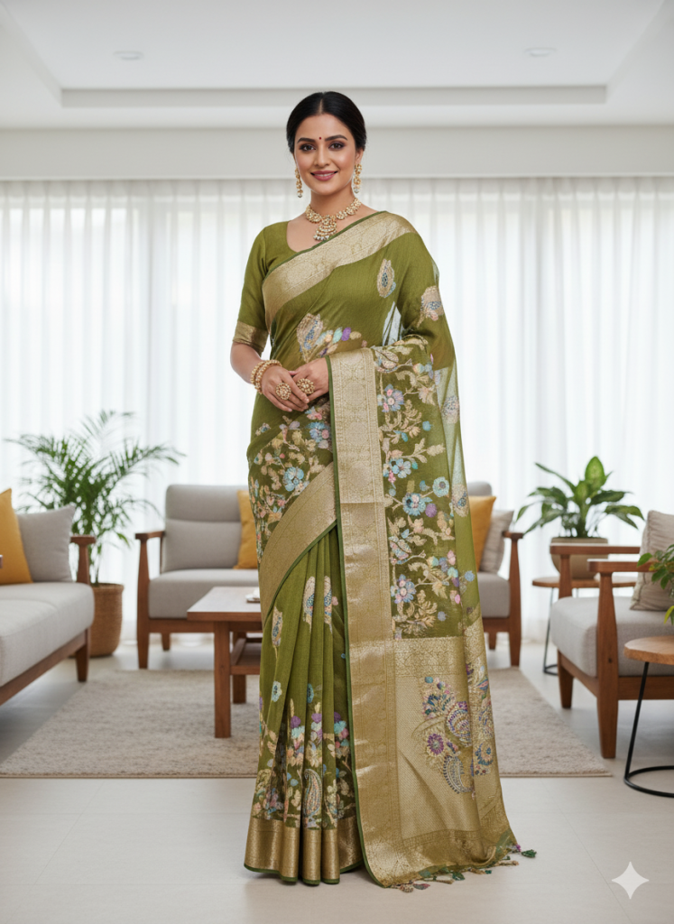 Olive green synthetic saree
